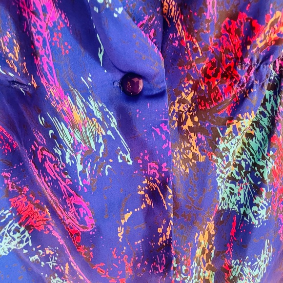 Brocade Plunging V Neck Vintage 80s Silky Long Slv Blue Top Party Satin Blouse - Picture 4 of 11